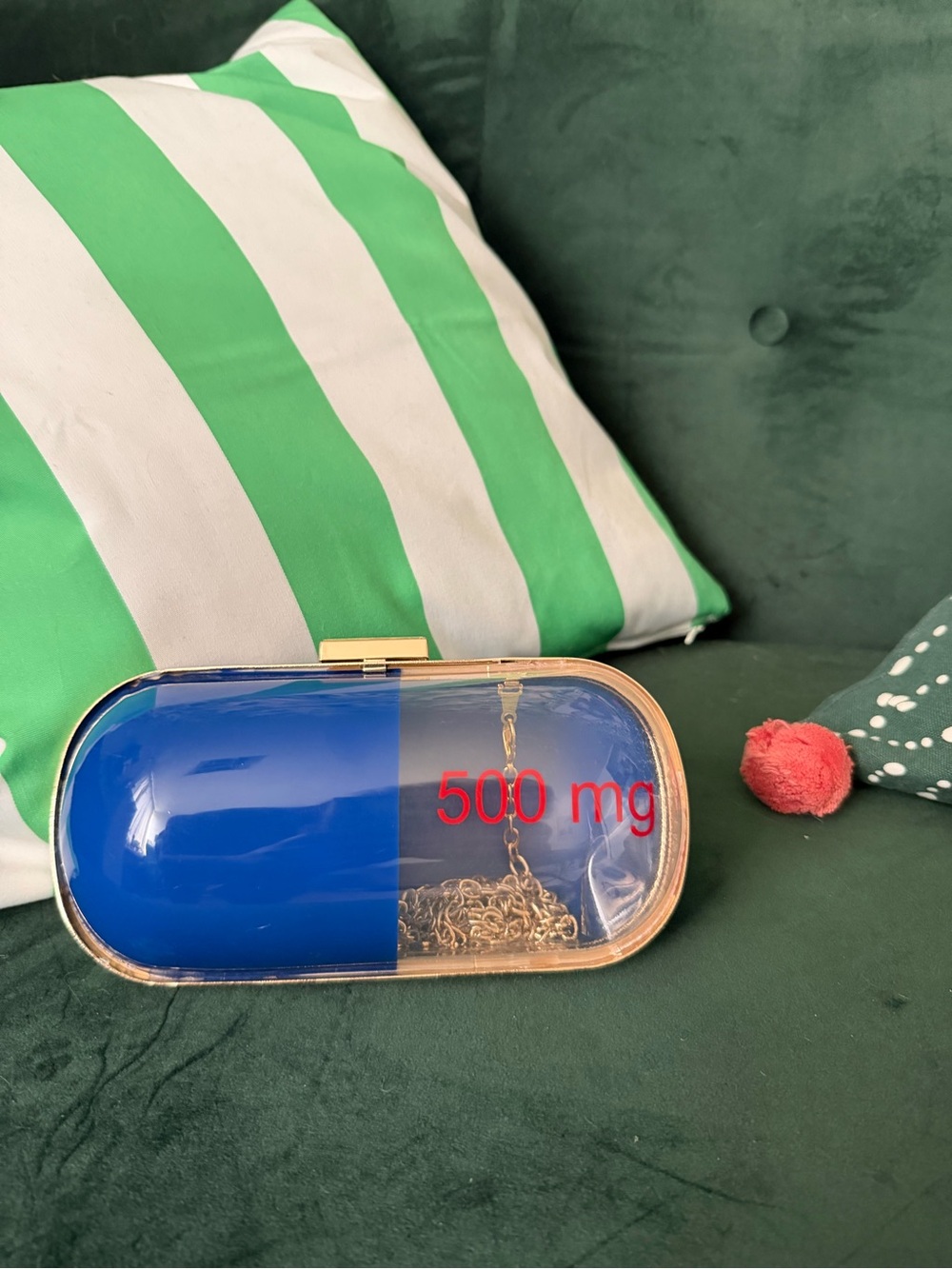 Campy Blue Pill Capsule Clutch Handbag with Gold Chain